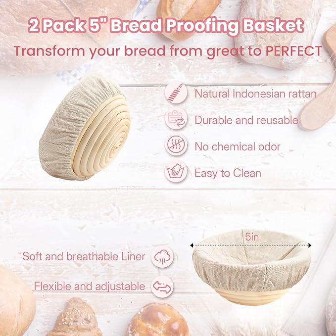 YONILL Mini Double Dutch Oven for Sourdough Bread Baking - Enameled Cast Iron Dutch Oven Pot with Lid and 5" Banneton Bread Proofing Basket Kit, Dual Round Bread Loaf Pan for Homemade Baking (Pink) - Image 5