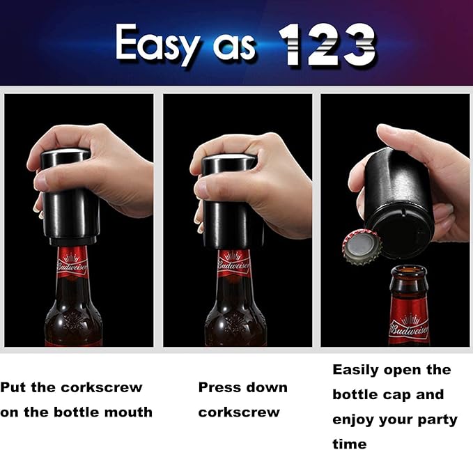 Father's Day Gift for Dad, YUDANSI Push Down Bottle Opener, Automatic Beer Openers, Stainless Steel Bottle Cap Mover, Funny Kitchen Gadgets, Beer Bar Accessories Gifts for Him BF, Magnetic Corkscrew