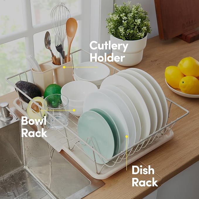 Sweet Home Collection Space-Saving 3-Piece Dish Drainer Rack Set: Efficient Kitchen Organizer for Quick Drying and Storage - Includes Cutlery Holder and Drainboard - Maximize Countertop Space, Beige - Image 5