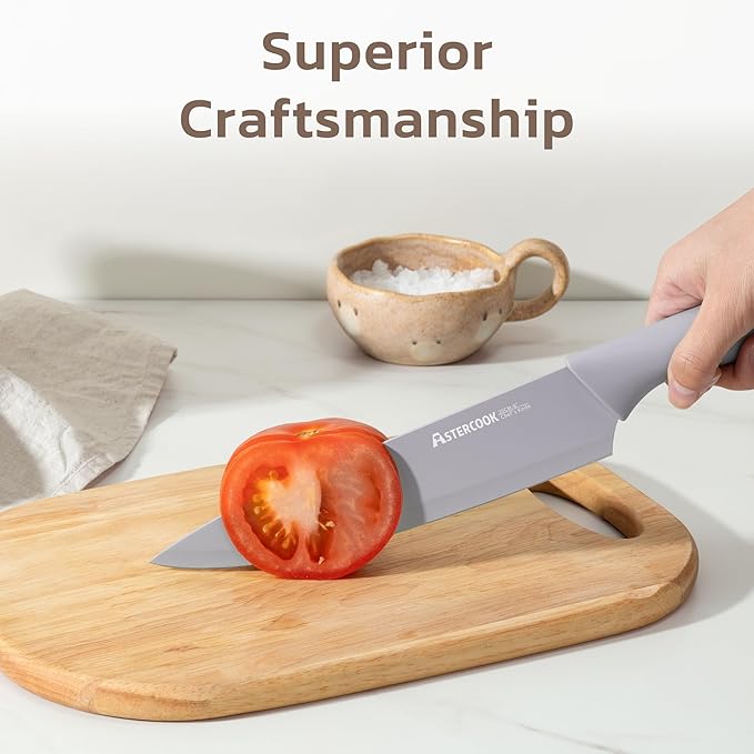 Astercook Knife Set, 13 Pieces Kitchen Knives Set with Healthy Anti-Rust Coating, Dishwasher Safe, Stainless Steel Chef Knife Sets with 6 Blade Guards, Perfect Mothers Day Gifts for Kitchen Morandi - Image 8