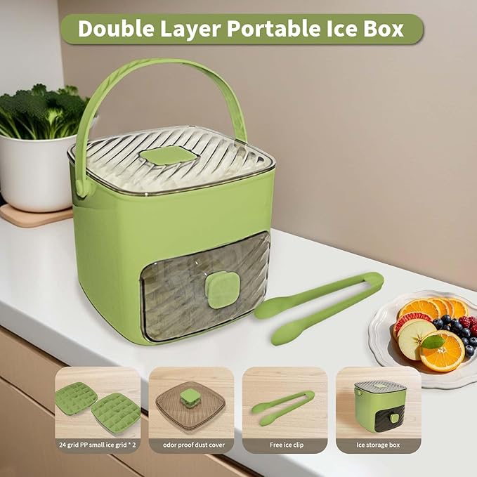 Ice Cube Tray for freezer with 2 Trays and Ice Storage Bin Tweezers, 48 Grid Ice Making Mold Ice Maker with Easy to Press Lid, for Whiskey Cocktails Beer Coffee (Green)