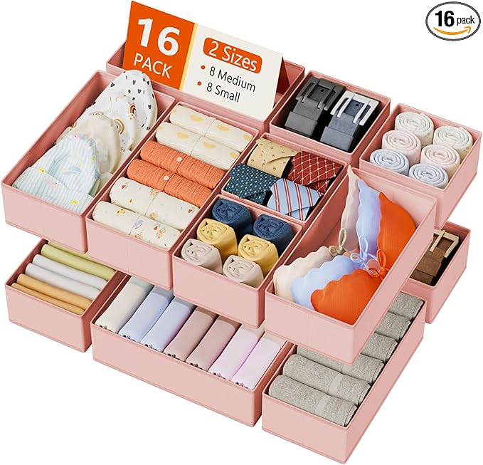 DIMJ Drawer Organizers Clothes, Set of 16 Dresser Organizer Bins, Fabric Closet Organizers and Storage, Shallow Drawer Dividers for Nursery, Clothing, Baby Clothes, Socks, Underwears, Tie (Pink) by DiMJ