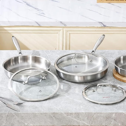 DELARLO Tri-Ply Stainless Steel Pan, 18/10 Frying Pan, Oven Safe Up to 600°F, Nontoxic Cookware, Compatible with All Cooktops Skillet, Durable, Fast Even Heat Fry Pan,Steel 8+10.2" with Lids - Image 6