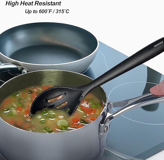 Silicone Spoons for Cooking - Kitchen Spoons for Mixing, Serving, & Stirring - 600°F Heat-Resistant Non Stick Utensils Ladle & Skimmer- Dishwasher Safe, Black,10.3IN