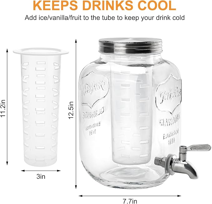 2 Gallon Glass Beverage Dispenser with Lid, Stainless Steel Spigot, Glass Drink Dispensers for Parties, Lemonade Dispenser With Ice Cylinder for Weddings, Party,Sun Tea Jar, Water Juice Dispensers - Image 5
