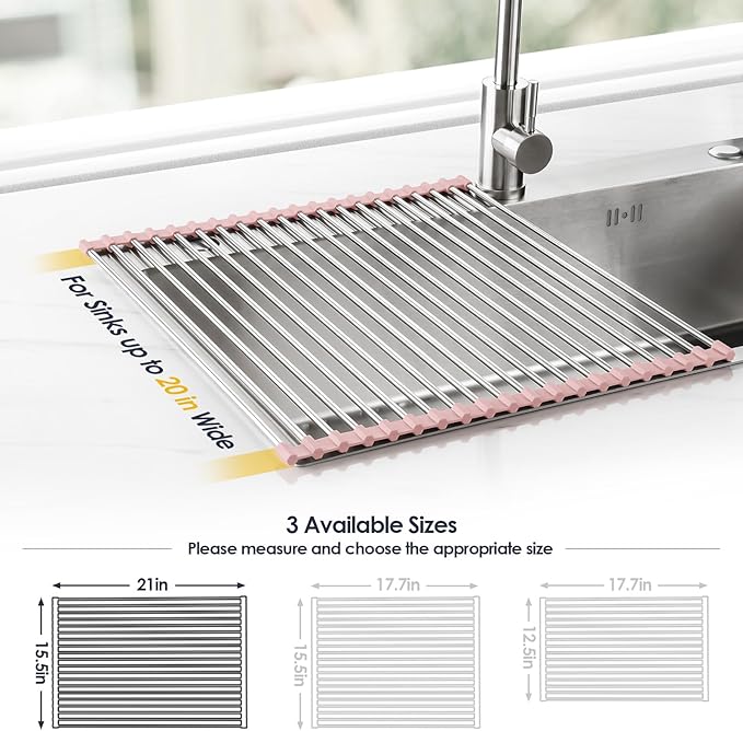 Tomorotec 21" x 15.5" Roll Up Dish Drying Rack Over Sink Drying Rack Sink Cover Kitchen Sink Accessories Gadget Multipurpose Organizer Foldable Stainless Steel Drainer - Image 4