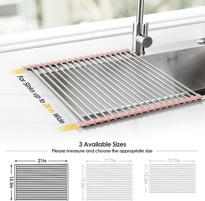 Tomorotec 21" x 15.5" Roll Up Dish Drying Rack Over Sink Drying Rack Sink Cover Kitchen Sink Accessories Gadget Multipurpose Organizer Foldable Stainless Steel Drainer - Image 4