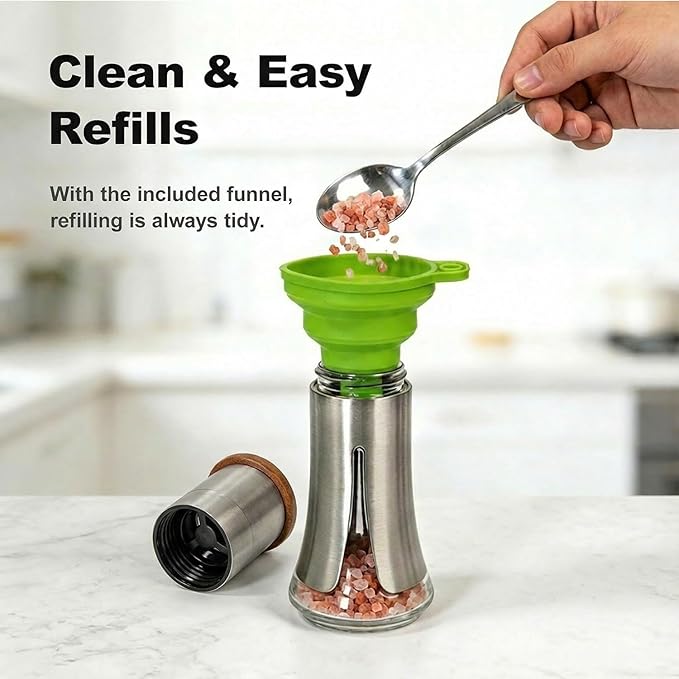 Aelga Salt Grinder Refillable - 4oz Manual Stainless Steel Salt Mill with Wood Lid, 5-Level Adjustable Coarseness, Silicone Funnel - Image 3