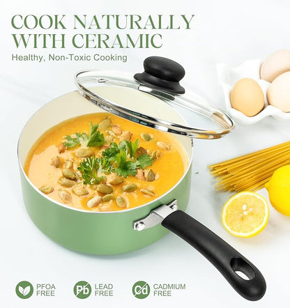 MICHELANGELO Nonstick Sauce Pan with Lid, Ceramic Saucepan Set, Non Toxic Small Saucepans Sets with Stay-Cool Handle, Induction Pots For Cooking, PTFE & PFOA Free - 1Qt & 2Qt & 3Qt, Green - Image 3