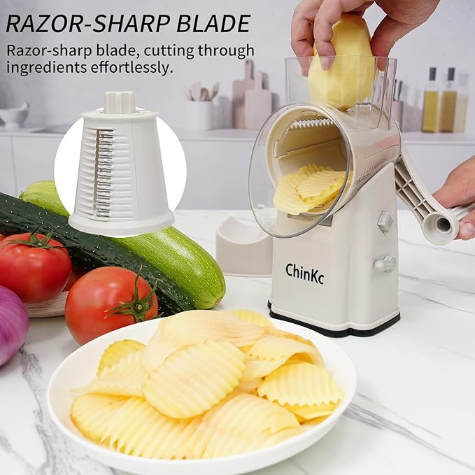 Upgrade Rotary Cheese Grater Shredder with Handle, Strong Suction Base, Multi-purpose Rotary Grater Slicer with 5 Interchangeable Blades for Ice, Vegetables, Fruit, Nuts with Blade Storage Box - Image 7