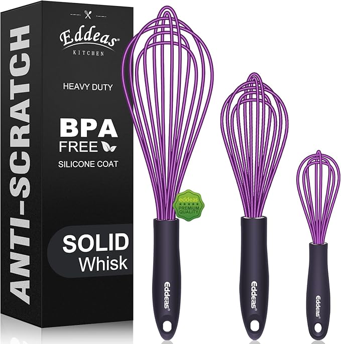 Silicone Whisk, Eddeas Whisk Non-Scratch Coated Whisks set of 3-Heat Resistant(450°F) Kitchen Wisk, Balloon Egg whisk Perfect for Blending, Whisking, Beating & Stirring, Purple by Eddeas
