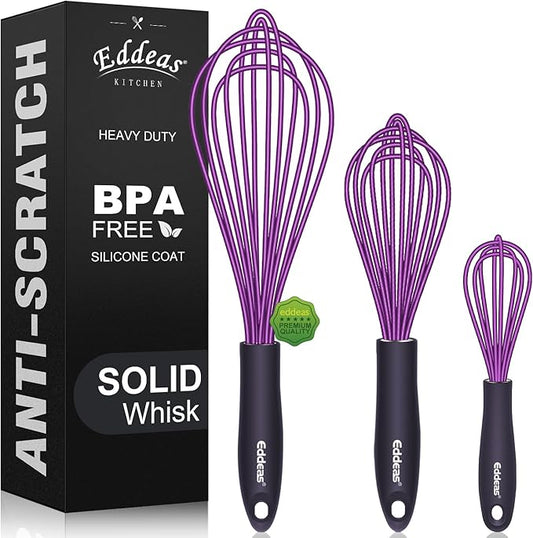 Silicone Whisk, Eddeas Whisk Non-Scratch Coated Whisks set of 3-Heat Resistant(450°F) Kitchen Wisk, Balloon Egg whisk Perfect for Blending, Whisking, Beating & Stirring, Purple by Eddeas