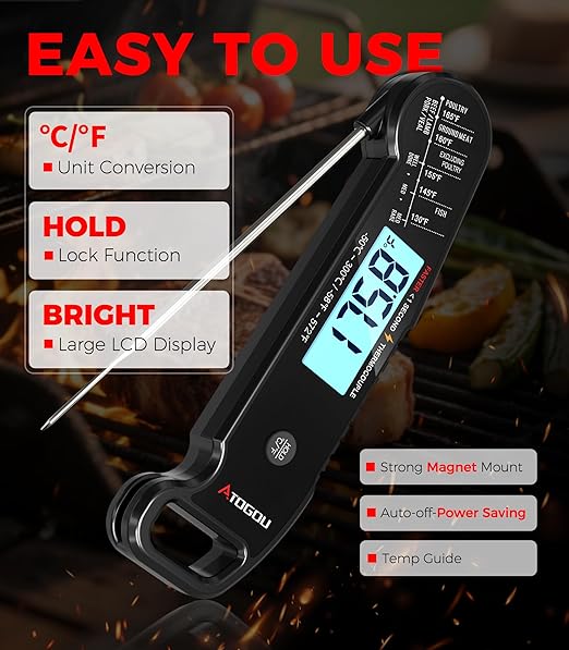 Atogou Meat Thermometer, Professional Food Thermometer, <1 Sec Instant Read, ±0.5℉ Accuracy, Thermocouple Sensor, Waterproof Digital Thermometer for Cooking, BBQ, Grill, Him Dad Birthday Gifts, Black - Image 7
