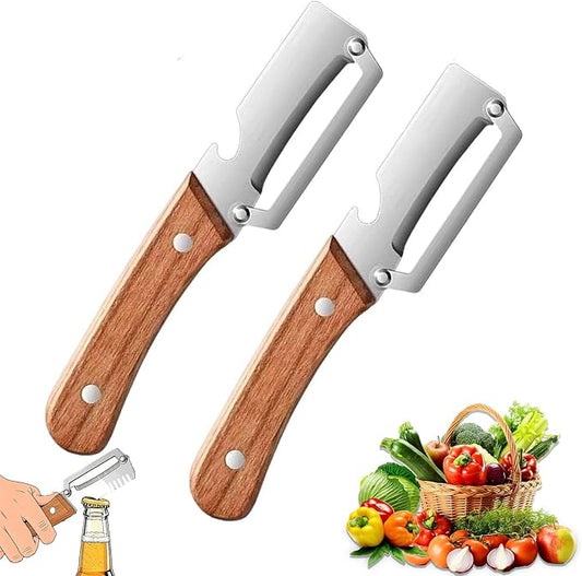 2026 New 2 Pack Multifunctional Vegetable Peeler, 2-in-1 Peelers For Kitchen with Bottle Opener, Sharp Stainless Steel Swivel Blade, Wooden Handle, For Vegetables or Fruits that Need to Be Peeled by OJJ