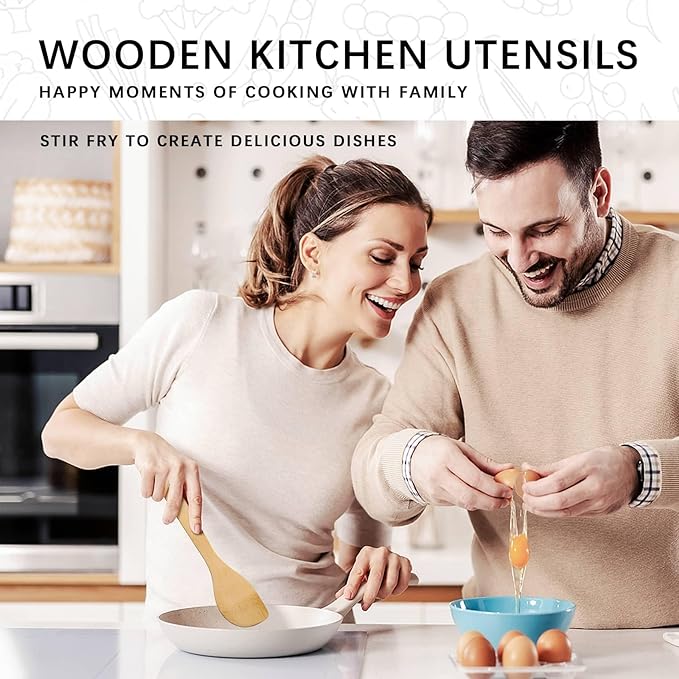 Wooden Spoons for Cooking, 4PCS Wooden Utensil Set Includes Slotted Spoon, Wooden Spoon & Wooden Spatula, Bamboo Cooking Utensils for Non-Stick Pans, Natural Bamboo Utensils - Image 3