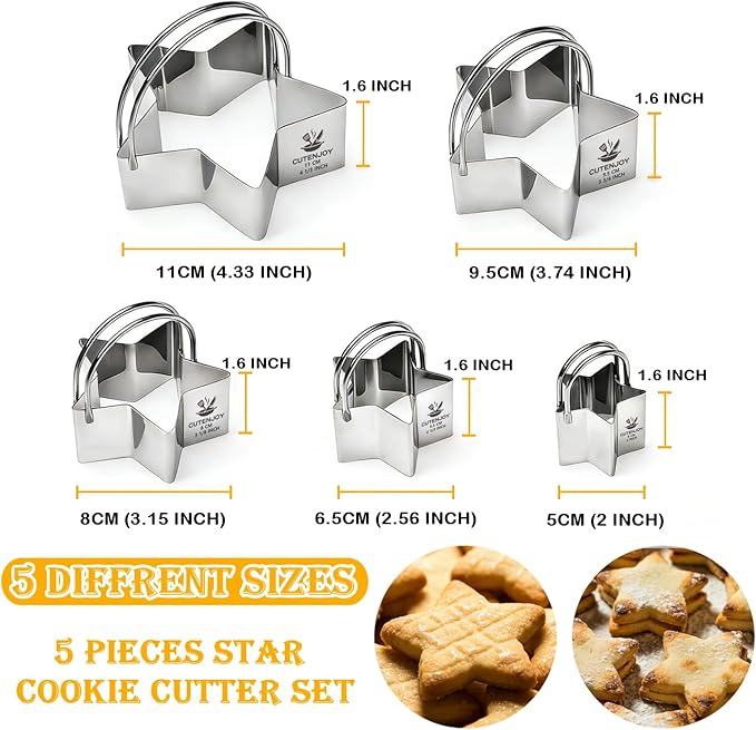 Star Cookie Cutters (5 Pieces/Set),Biscuit Cutter Set with Handle and Big Ring, Professional Baking Dough Cutter Tools for Cakes, Sandwiches, Donuts, Dumplings - Image 2
