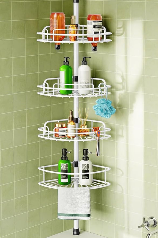 HAMITOR Corner Shower Caddy Tension Pole: Rustproof Bathroom Organizer Shelves for Bathtub Shampoo Accessories Storage Holder - 47-121 Inch Adjust - White by HAMITOR
