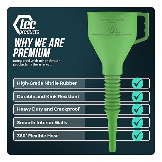 TEC Products FlexAll Long Flexible Funnels - Automotive Oil Funnel with Hose, Durable Nitrile Rubber for Oil Change, Transmission Funnel Fluid, Diesel, Fuel, Gas - Made in USA - Green (16 x 5 Inches) - Image 3
