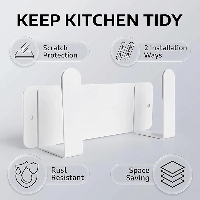 Pot Lid Rack, Wall Mounted 304 Stainless Steel Pan Lid Organizer Holder, Self Adhesive, Kitchen Cooking Utensil Tool (White) - Image 3