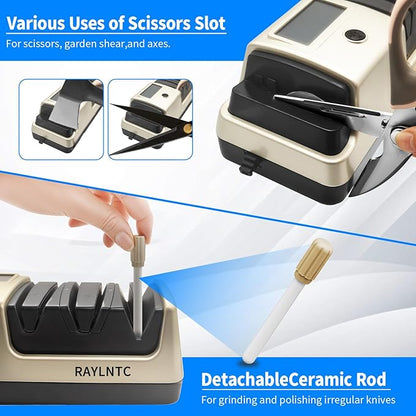 Professional 5-in-1 Electric Knife Sharpener with LCD Display,Scissor Sharpener with 3-Speed & 100% Diamond Abrasives - Precision Angle Guides for Straight, Serrated, Cleaver & Kitchen Scissors