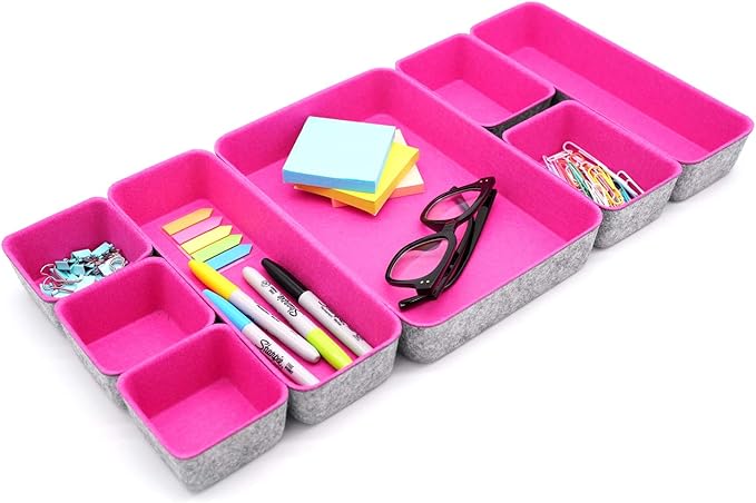 Welaxy Desk Drawer Organizer Tray Set, 8-Piece Office Drawer Organizers for Pens, Makeup, Keys, Crafts, Entryway Catchall, Decluttering Storage (Hot Pink) by Welaxy