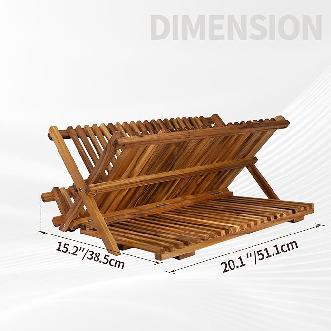 Utoplike Large Teak Dish Drying Rack, Wooden 3 Tier Collapsible Dish Draine for Countertop, Kitchen Organizer for Pasta Plates, Cups - Image 4