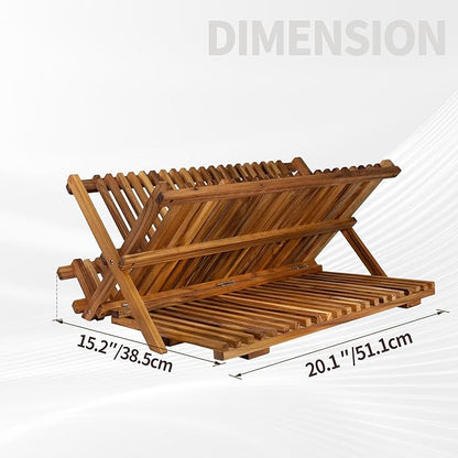 Utoplike Large Teak Dish Drying Rack, Wooden 3 Tier Collapsible Dish Draine for Countertop, Kitchen Organizer for Pasta Plates, Cups - Image 4