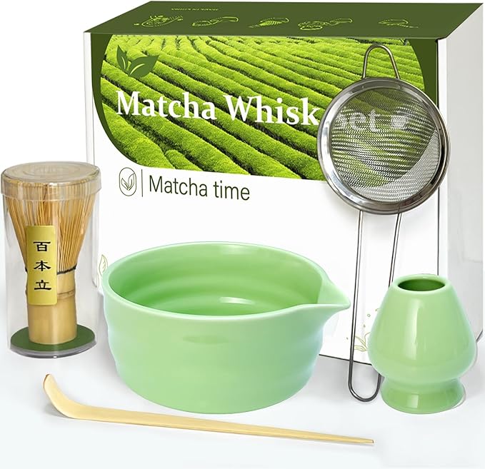 Vaiheng Matcha Whisk Set with Matcha Bowl, Matcha Whisk Holder Matcha Bamboo Whisk, Scoop, Sifter, Unique Gifts for Women Men Girl Friend Home Kitchen Decor（Light Green） by Unknown