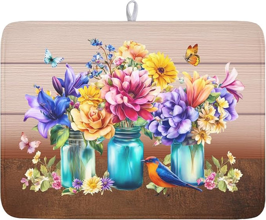 Spring Colorful Flowers Dish Drying Mat for Kitchen Counter,Vintage Plants Mason Jar Butterflies Drying Mat 18 x 24 Inch with Absorbent Reversible Microfiber Dish Drying Pad for Coffee Bar by Anyako