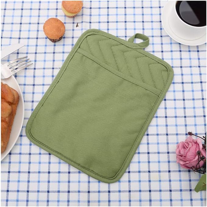 Anyi Heat Resistant Pot Holders, Cotton Hot Pads for Counter & Table, Green with Pocket - Image 6