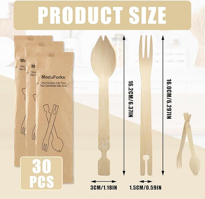 Bamboo Forks Set, 30 Sets Disposable Cutlery (30 Biodegradable Forks, 30 Compostable Spoons), Detachable 3 in 1 Bamboo Spoons and Forks, Multi-functional Chopstick Tongs