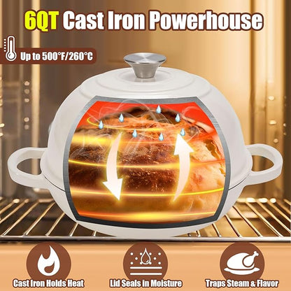6QT Enameled Cast Iron Dutch Oven for Bread Baking – Sourdough Starter Kit with Cotton Basket, Bread Sling, Lame, Brush & Handle Cover – Multi-Purpose Pot for Baking, Frying, Braising – White