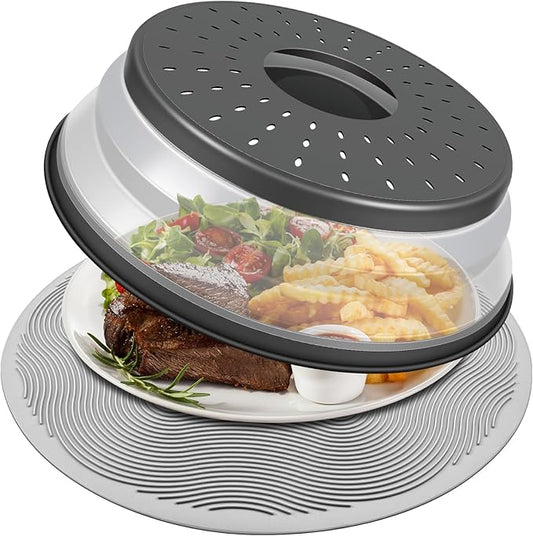 LekDrok Microwave Food Cover with Mat 12 Inch, Mat as Bowl Holder, Cover for Splatter Guard, Collapsible Lid for Plate Dish, Multi-Purpose Silicone Mat & Kitchen Colander Gadget for Meal Prep,Charcoal by LekDrok