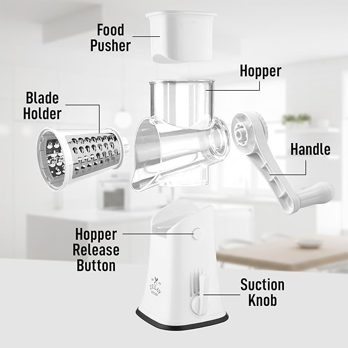 Zulay Kitchen Rotary Cheese Grater 5 Blade Cheese Shredder - Manual Hand Crank Cheese Grater With Reinforced Suction & 5 Interchangeable Drums - Easy to Use, Vegetable Chopper Round Mandoline Slicer - Image 8