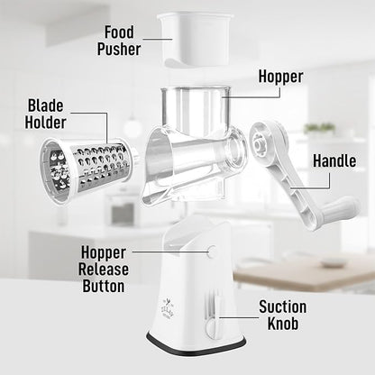 Zulay Kitchen Rotary Cheese Grater 5 Blade Cheese Shredder - Manual Hand Crank Cheese Grater With Reinforced Suction & 5 Interchangeable Drums - Easy to Use, Vegetable Chopper Round Mandoline Slicer - Image 8