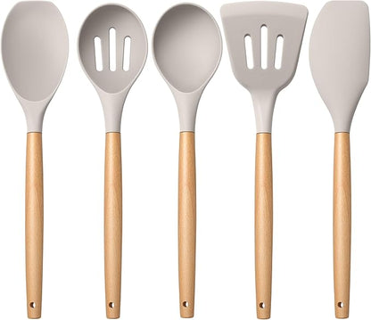 E-far Silicone Cooking Utensils Set, 5-Piece Kitchen Utensils Set with Wooden Handle for Cooking, Silicone Kitchen Nonstick Tools Spatula Turner Slotted Spoons, Nontoxic & Heat Resistant-Khaki by E-far
