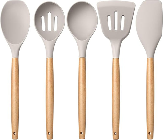 E-far Silicone Cooking Utensils Set, 5-Piece Kitchen Utensils Set with Wooden Handle for Cooking, Silicone Kitchen Nonstick Tools Spatula Turner Slotted Spoons, Nontoxic & Heat Resistant-Khaki by E-far