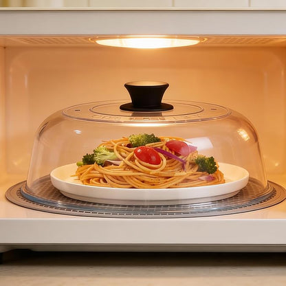 High Borosilicate Glass Microwave Splatter Cover for Food with Silicone Mat, Plate Guard Lid with Vent Hole