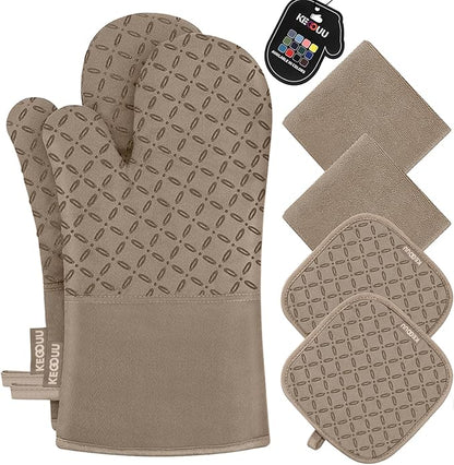 KEGOUU Oven Mitts and Pot Holders 6pcs Set, Kitchen Oven Glove High Heat Resistant 500 Degree Extra Long Oven Mitts and Potholder with Non-Slip Silicone Surface for Cooking (Khaki) by KEGOUUOvenMitt