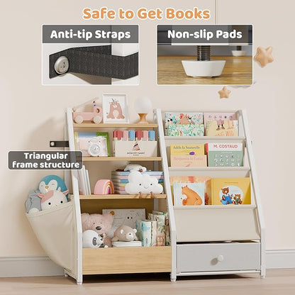 HAVLOTII Kids Bookshelf and Toy Storage - Book Shelf for Kids Rooms, Toddler Bookshelf Baby Bookcase for Nursery, Montessori Toy Organizer, Burlywood