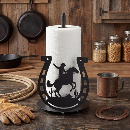 Horseshoe Western Paper Towel Holder Black Metal Farmhouse Napkin Holder Rustic Paper Towel Stand Kitchen Decor Accessories for Derby Horse Racing Decorations Western Farmhouse Decor