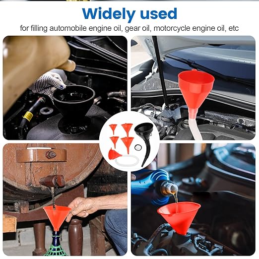 6 Pcs Automotive Funnels Set, Plastic Fuel Funnels with Hose, Wide Mouth Flexible Oil Funnels for Automotive Use Filling Water/Gasoline/Coolant/Engine Oil