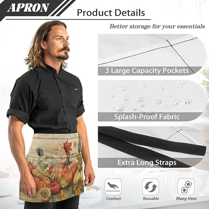 Server Apron with 3 Pockets, Waterproof Oil Waitress Waiter Half Apron for Restaurant Hotel Kitchen Cafe