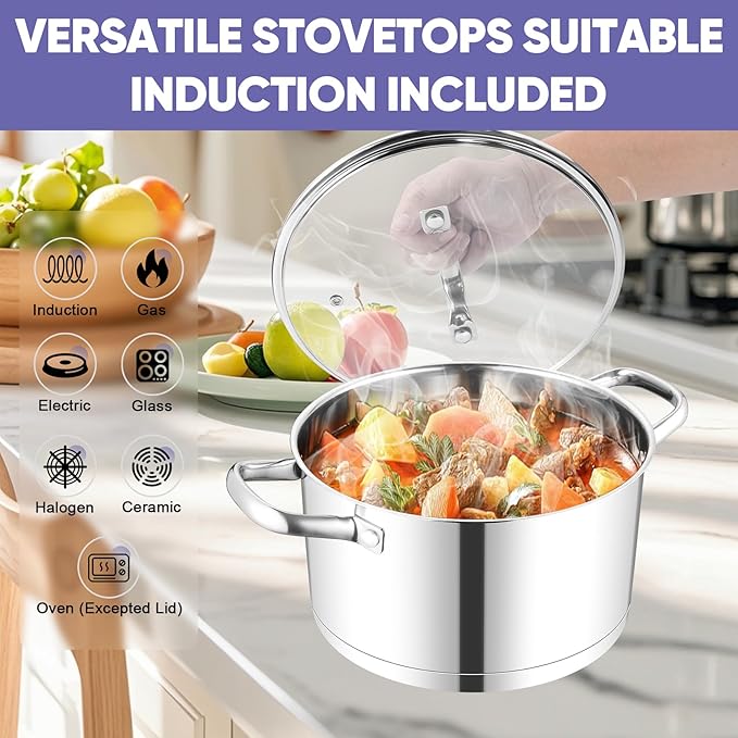 TeamFar 6QT Stainless Steel Stock Pot, Tri-ply Base Cooking Pasta Sauce Soup Pot with Glass Lid for Induction/Gas/Ceramic Stoves, Transparent Cover & Double Handles, Heavy Duty & Dishwasher Safe - Image 5