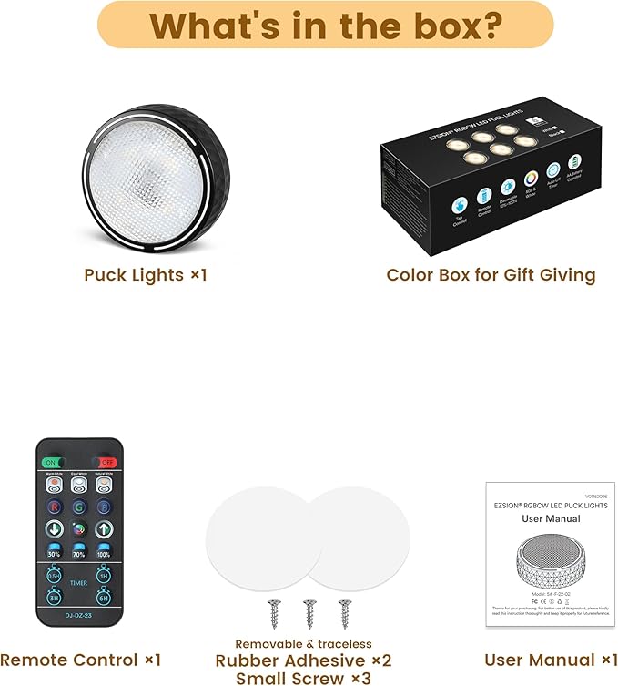 Puck Lights, Battery Operated Wireless LED Under Cabinet Lighting with Remote Control & Timer, Warm White & RGB Color Changing Stick on Tap Push Light for Kitchen Counter, Shelf, 1 Pack, Black