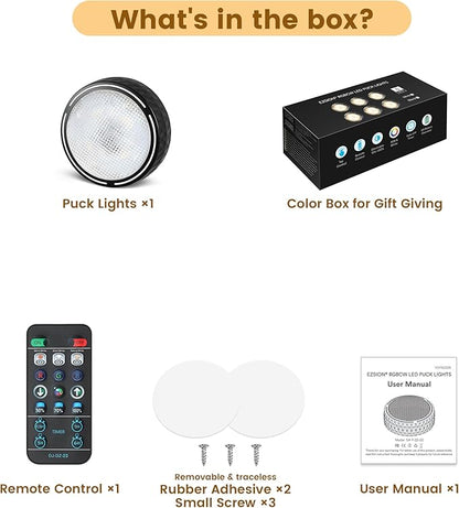 Puck Lights, Battery Operated Wireless LED Under Cabinet Lighting with Remote Control & Timer, Warm White & RGB Color Changing Stick on Tap Push Light for Kitchen Counter, Shelf, 1 Pack, Black