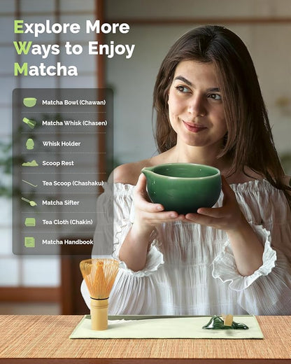 Maestri House Matcha Whisk Set, 7-Pc Complete Matcha Kit with Spouted Ceramic Bowl, Bamboo Whisk and Holder, Scoop, Spoon Rest & Sifter, Tea Cloth – Ideal Gift for Matcha Lovers (Emerald Kanso) - Image 3