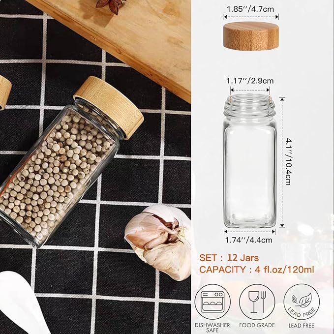 Glass Spice Jars with Label - Square Spice Containers 4 oz - Includes Cleaning Brush & Label pen - Seasoning Jars - 12Pcs - Image 2