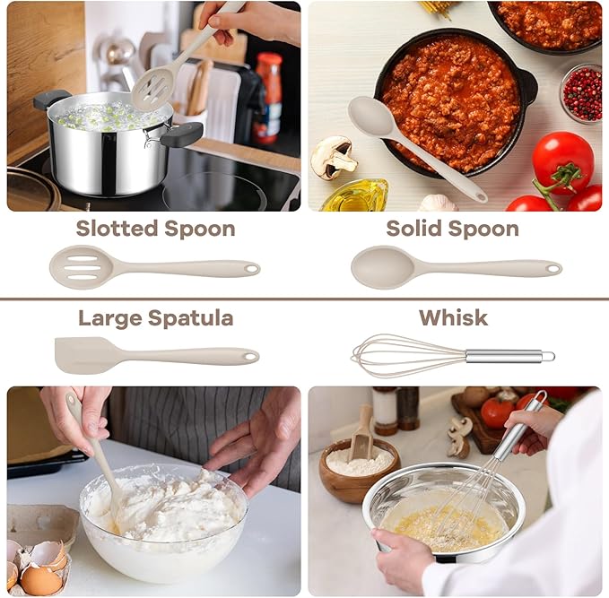 TeamFar 8 PCS Silicone Cooking Utensils - 446°F Heat Resistant Kitchen Silicon Utensils Set, Turner, Spatula, Spoon, Whisk, Kitchen Cooking Gadgets Tools for Nonstick Cookware, Dishwasher Safe-Khaki - Image 5