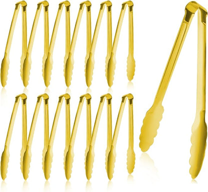 Buffet Tongs 7'' Inches Serving Tongs Heavy Duty Stainless steel Kitchen and BBQ Utility Tong Pack of 12 (Gold, 7inch) by XEVOM